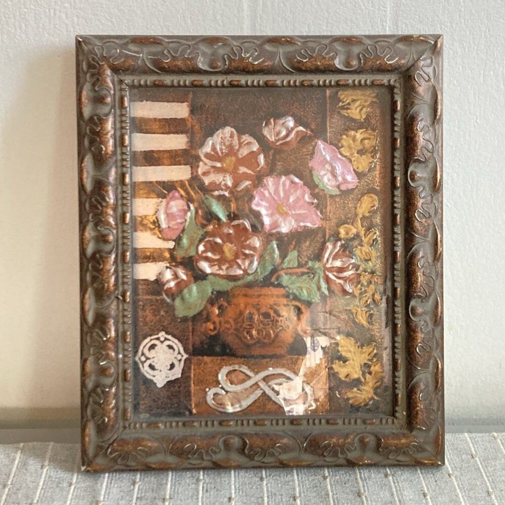 Vintage 3D Framed Flowers behind Glass Picture Dimensional Wall Art